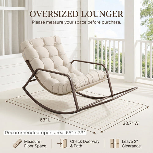 RADIATA Oversized Rocking Chair with Footrest, Patio Papasan Rocking Recliner for Indoor Outdoor Use, Heavy Duty Steel Lounge Chair, 400lbs, Beige