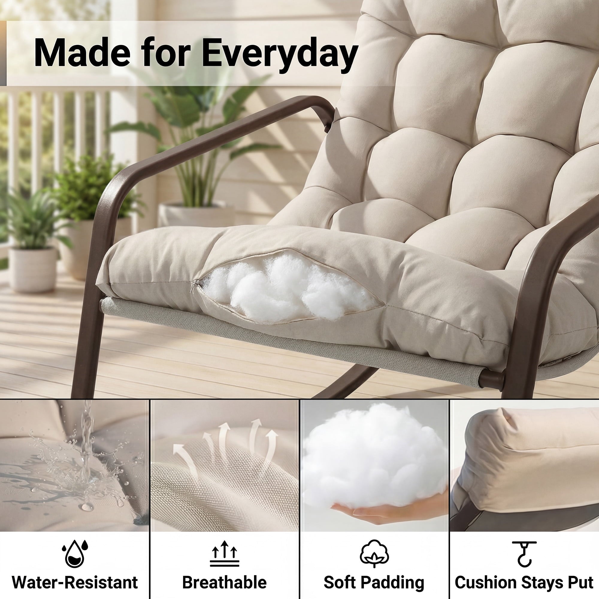 RADIATA Oversized Rocking Chair with Footrest, Patio Papasan Rocking Recliner for Indoor Outdoor Use, Heavy Duty Steel Lounge Chair, 400lbs, Beige