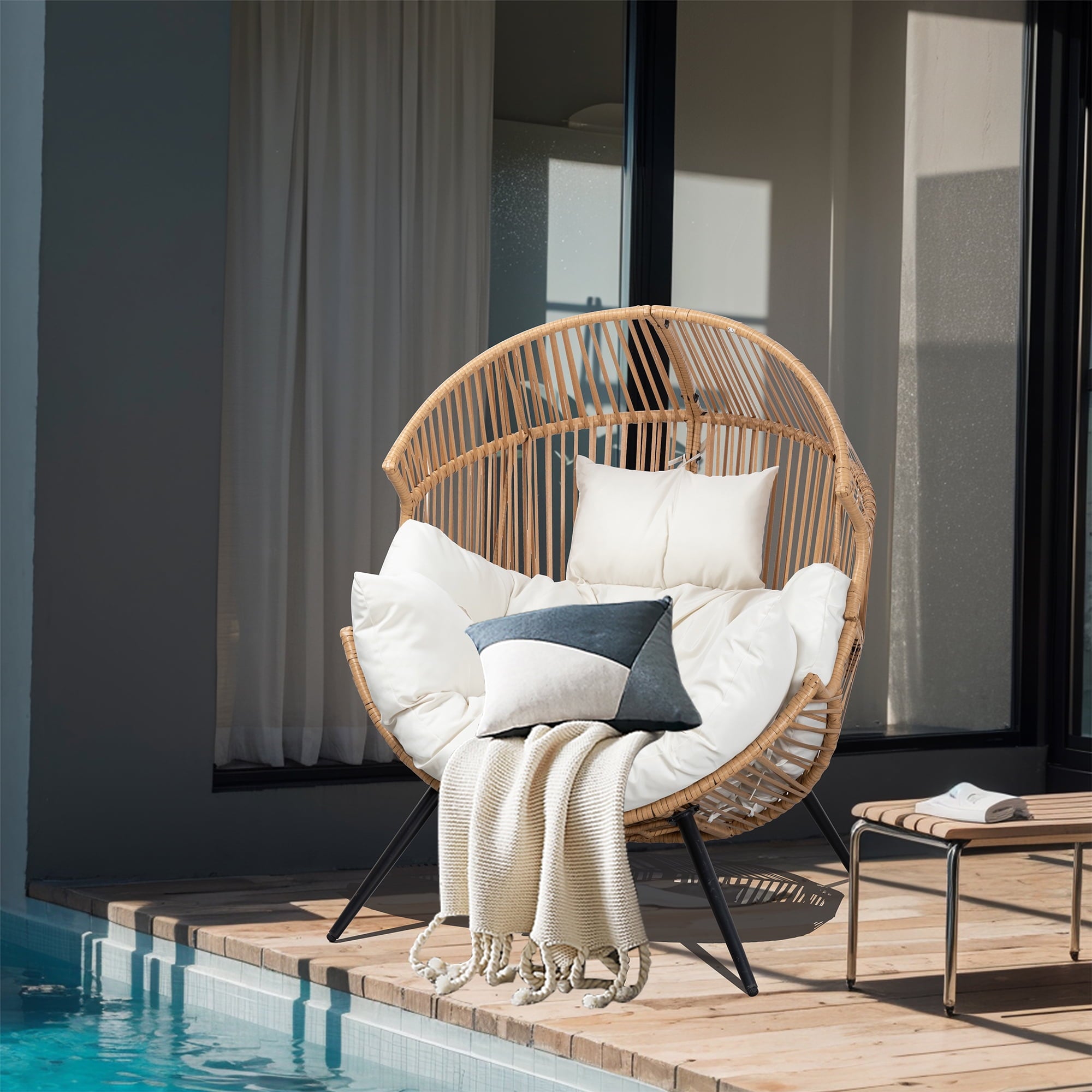 Walsunny Egg Chairs Outdoor Patio Wicker Oversized Egg Shell Lounger Lawn Chair with Cushion for Indoor Outside Porch Balcony Backyard, Original Wood Color Rattan Beige Cushion