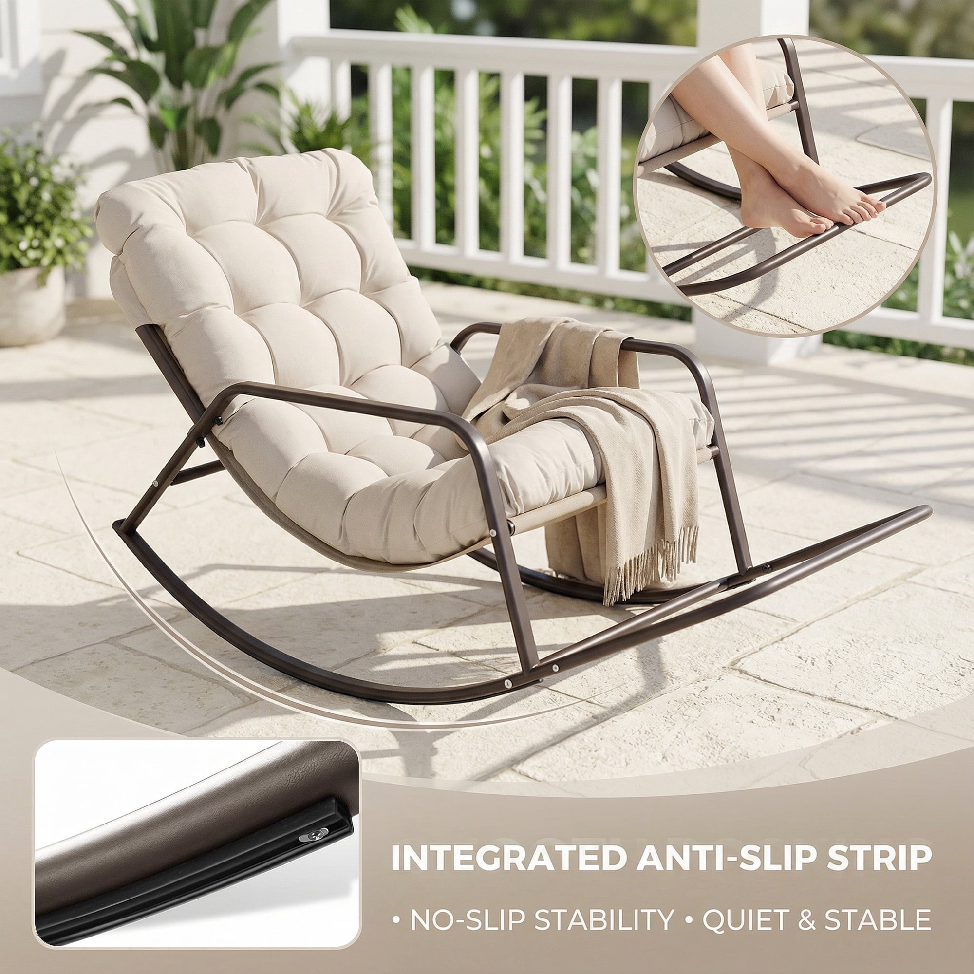RADIATA Oversized Rocking Chair with Footrest, Patio Papasan Rocking Recliner for Indoor Outdoor Use, Heavy Duty Steel Lounge Chair, 400lbs, Beige