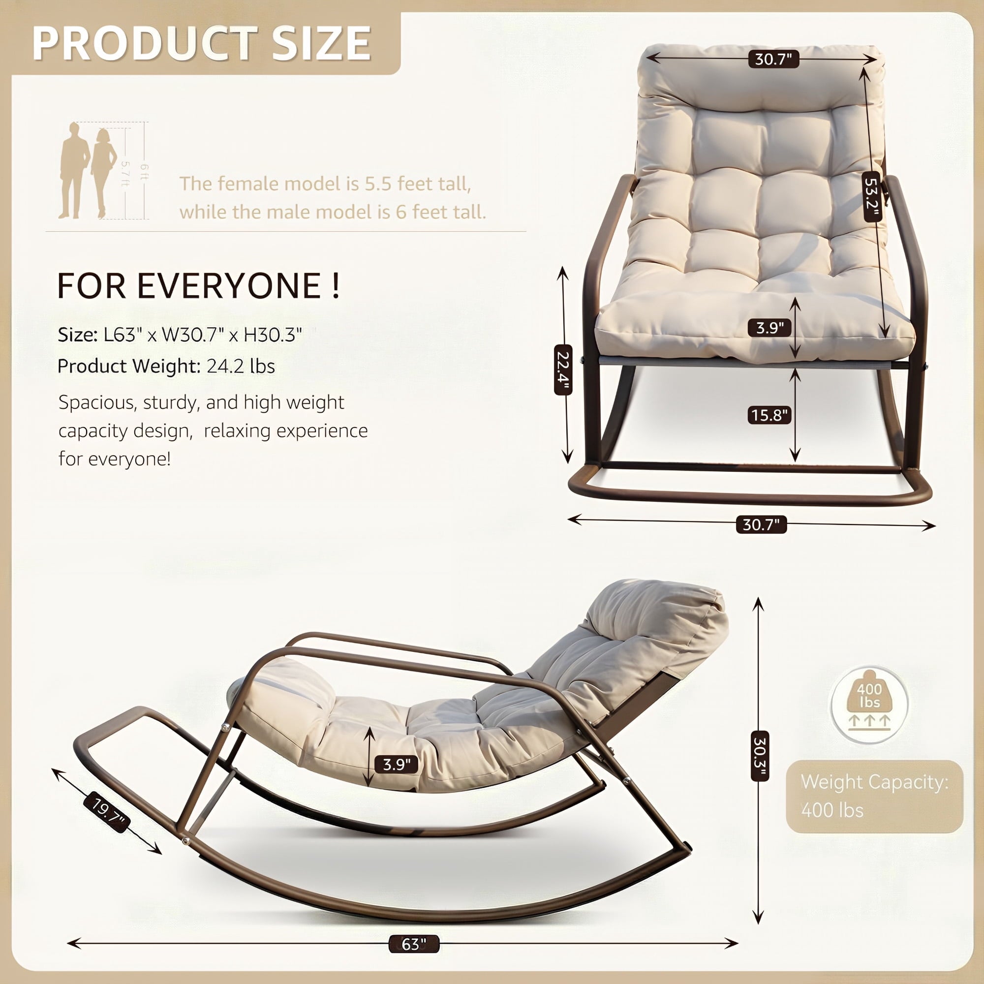 RADIATA Oversized Rocking Chair with Footrest, Patio Papasan Rocking Recliner for Indoor Outdoor Use, Heavy Duty Steel Lounge Chair, 400lbs, Beige