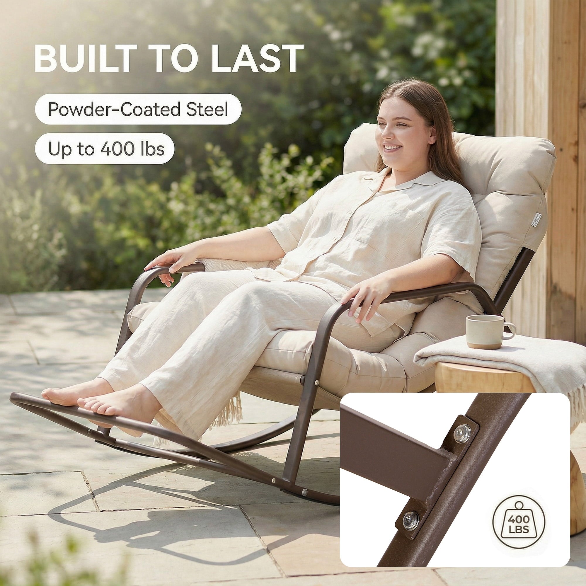 RADIATA Oversized Rocking Chair with Footrest, Patio Papasan Rocking Recliner for Indoor Outdoor Use, Heavy Duty Steel Lounge Chair, 400lbs, Beige