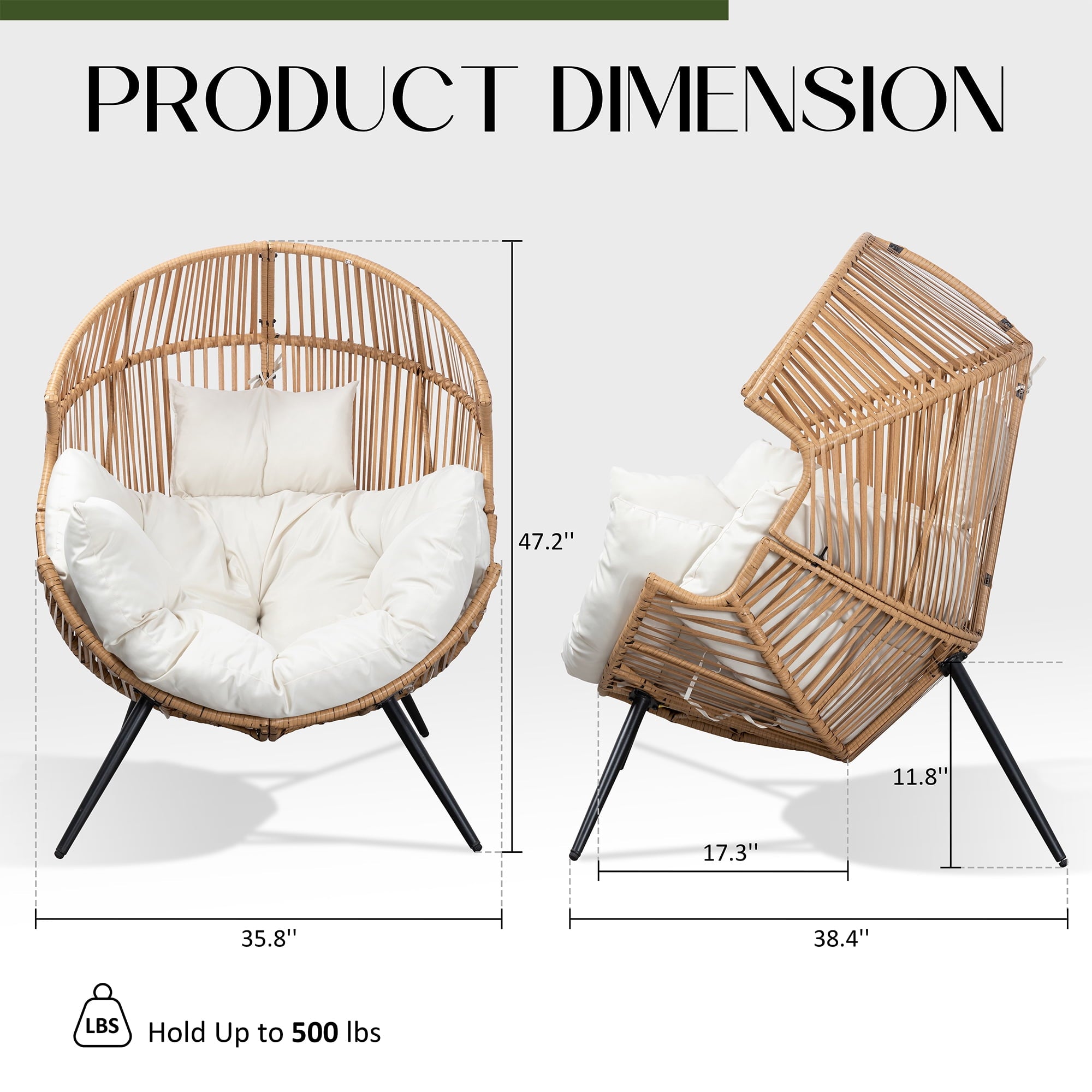 Walsunny Egg Chairs Outdoor Patio Wicker Oversized Egg Shell Lounger Lawn Chair with Cushion for Indoor Outside Porch Balcony Backyard, Original Wood Color Rattan Beige Cushion