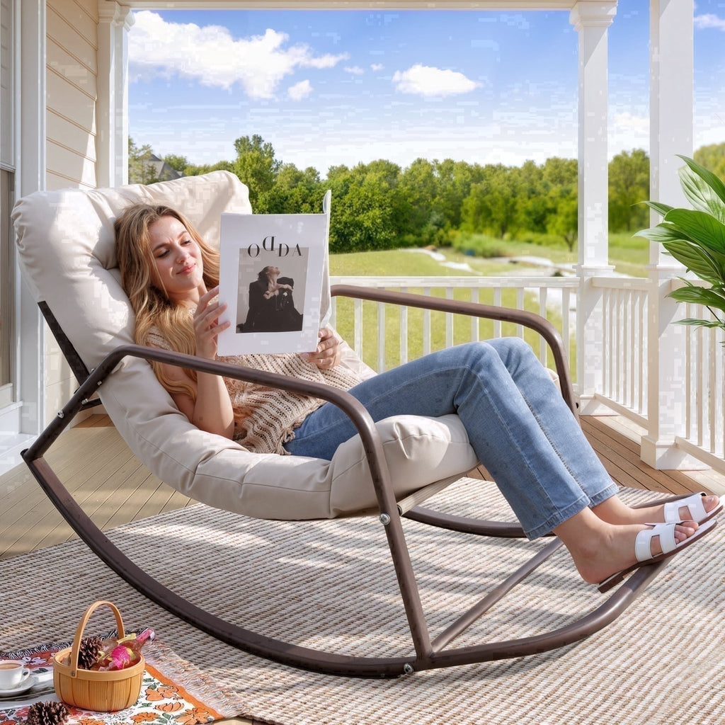RADIATA Oversized Rocking Chair with Footrest, Patio Papasan Rocking Recliner for Indoor Outdoor Use, Heavy Duty Steel Lounge Chair, 400lbs, Beige