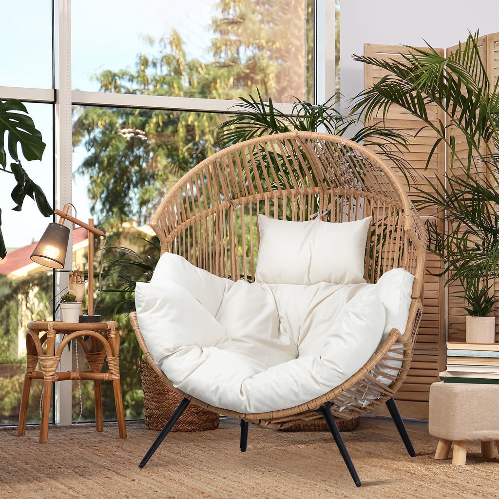 Walsunny Egg Chairs Outdoor Patio Wicker Oversized Egg Shell Lounger Lawn Chair with Cushion for Indoor Outside Porch Balcony Backyard, Original Wood Color Rattan Beige Cushion