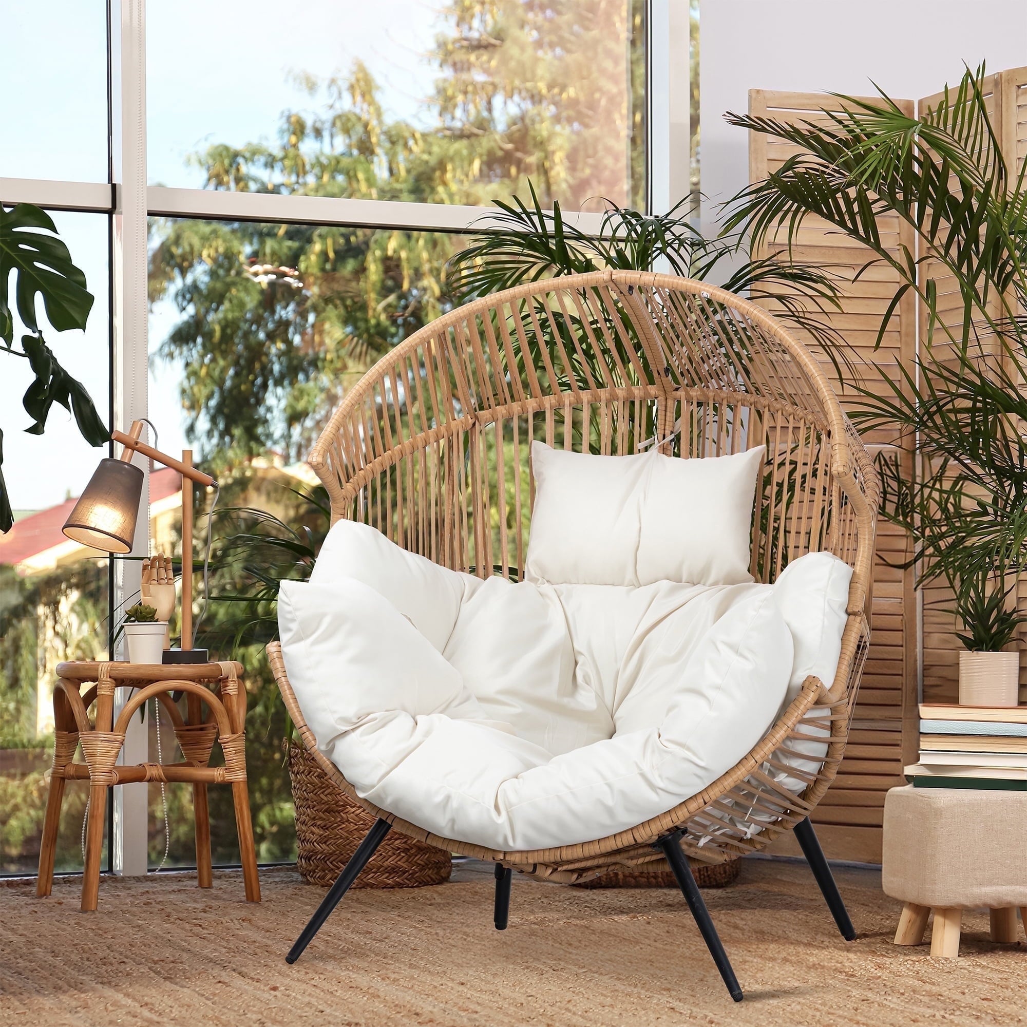 Walsunny Egg Chairs Outdoor Patio Wicker Oversized Egg Shell Lounger Lawn Chair with Cushion for Indoor Outside Porch Balcony Backyard, Original Wood Color Rattan Beige Cushion