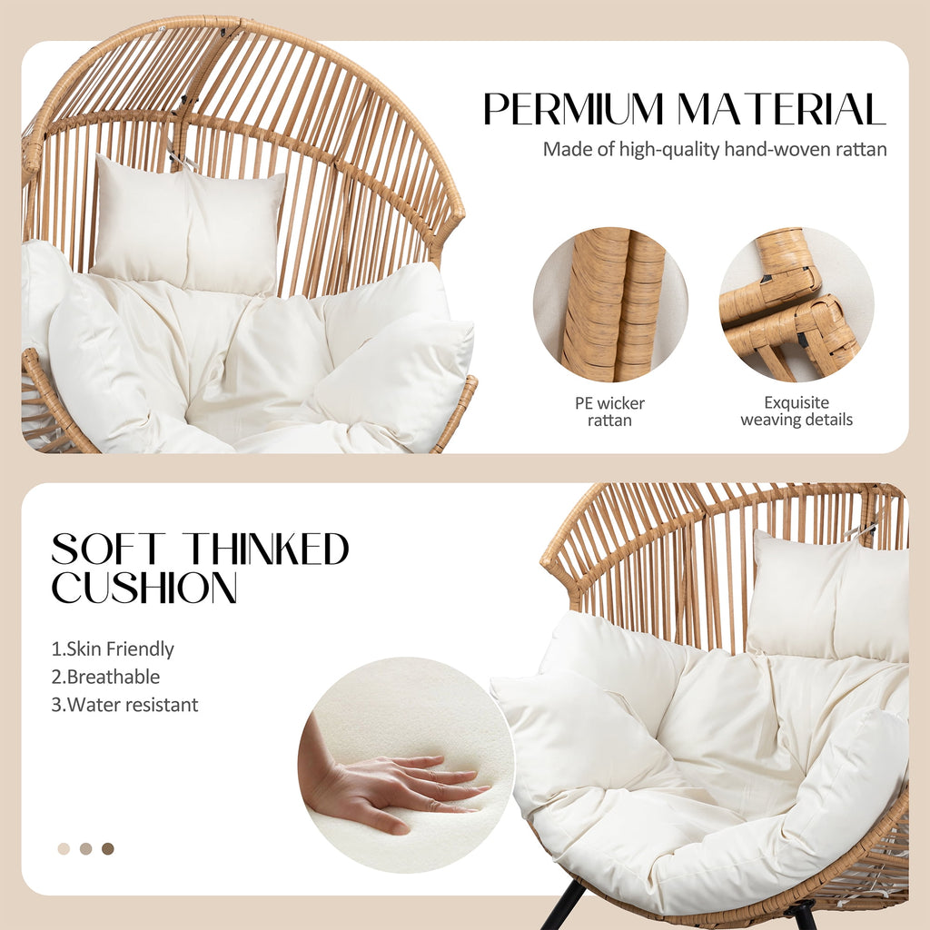 Walsunny Egg Chairs Outdoor Patio Wicker Oversized Egg Shell Lounger Lawn Chair with Cushion for Indoor Outside Porch Balcony Backyard, Original Wood Color Rattan Beige Cushion