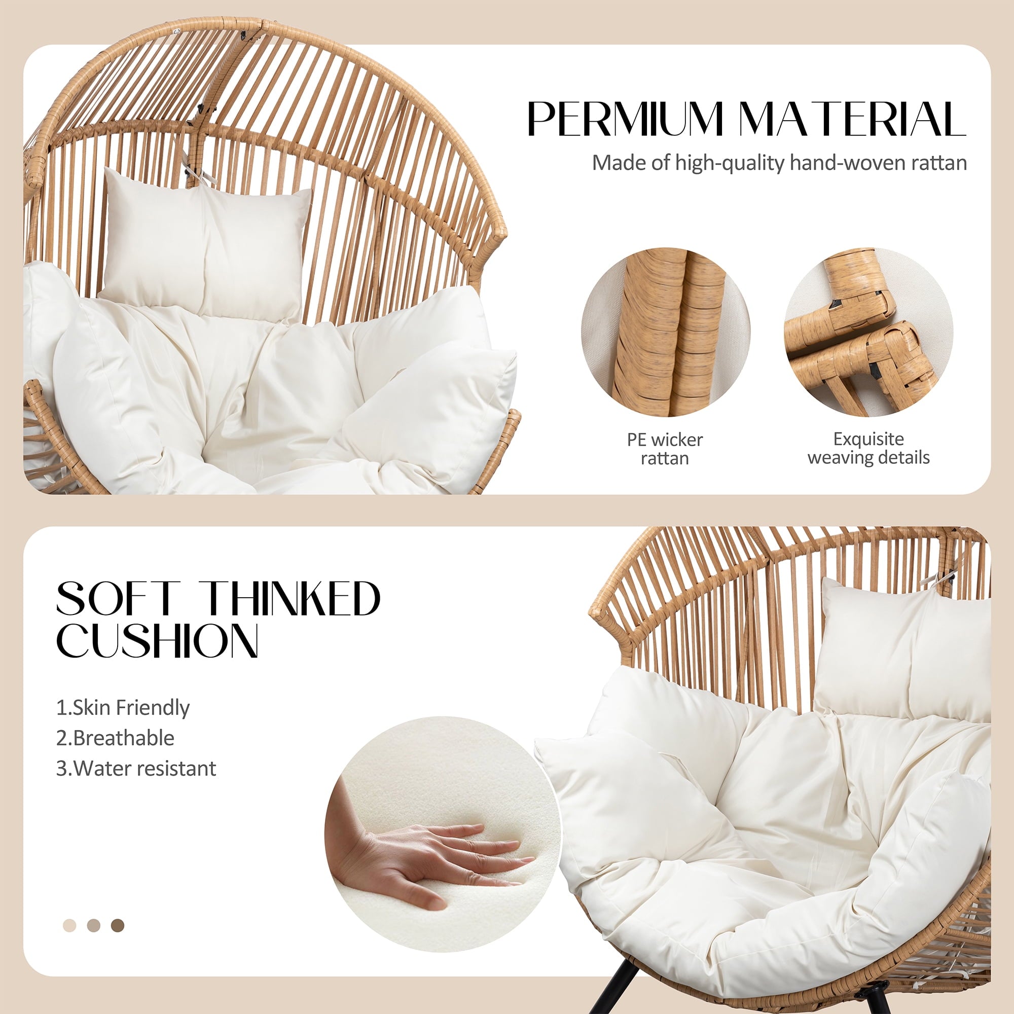 Walsunny Egg Chairs Outdoor Patio Wicker Oversized Egg Shell Lounger Lawn Chair with Cushion for Indoor Outside Porch Balcony Backyard, Original Wood Color Rattan Beige Cushion