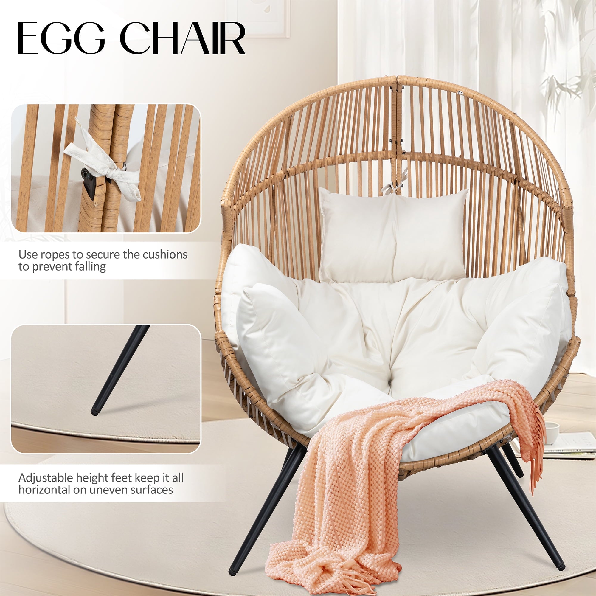 Walsunny Egg Chairs Outdoor Patio Wicker Oversized Egg Shell Lounger Lawn Chair with Cushion for Indoor Outside Porch Balcony Backyard, Original Wood Color Rattan Beige Cushion