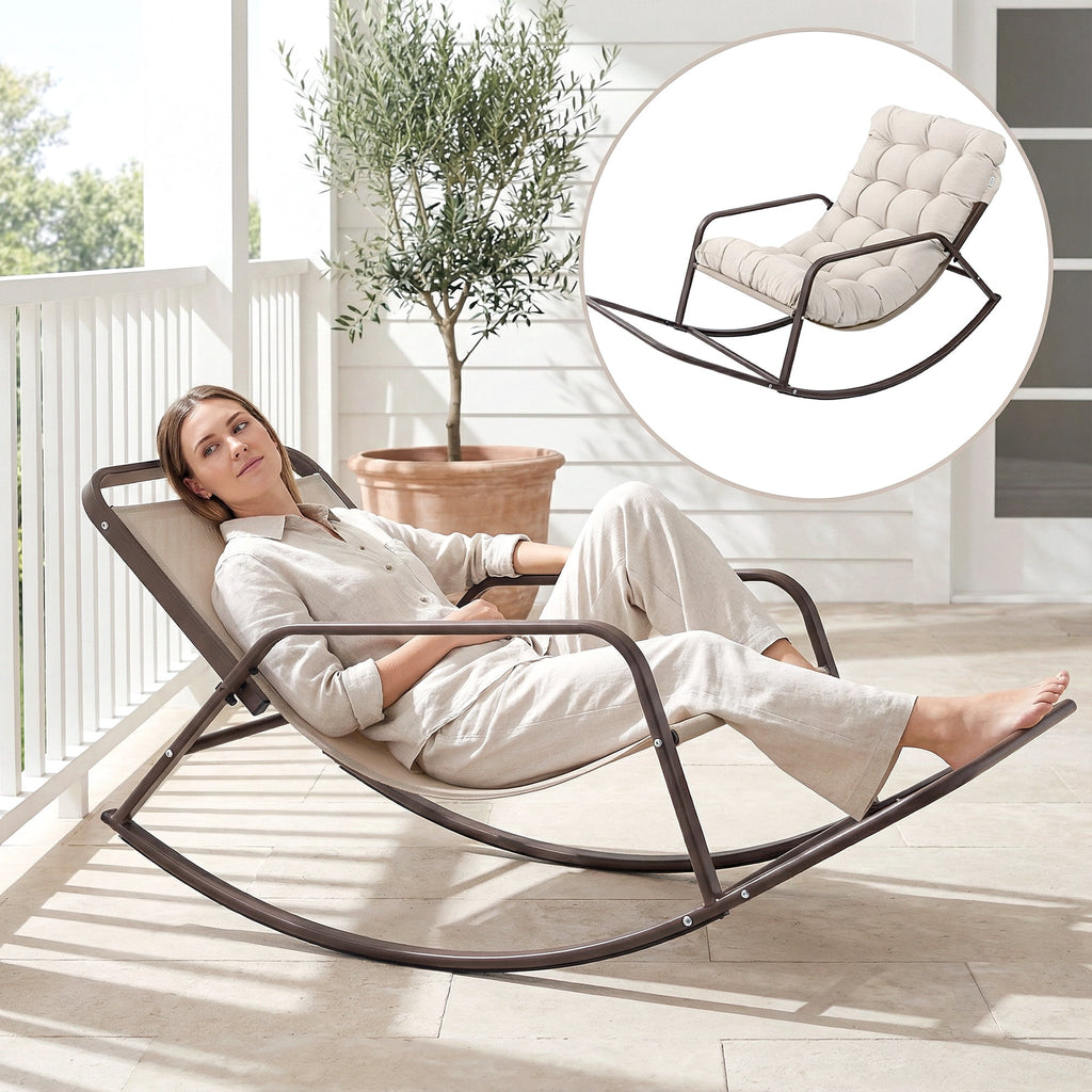 RADIATA Oversized Rocking Chair with Footrest, Patio Papasan Rocking Recliner for Indoor Outdoor Use, Heavy Duty Steel Lounge Chair, 400lbs, Beige
